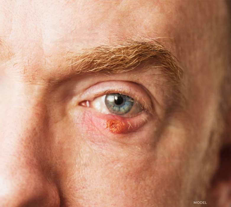 stock image of model having tumor under eye