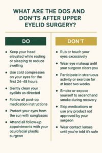 Infographic with columns listing the core information of the article What Are the Dos and Don'ts After Upper Eyelid Surgery?